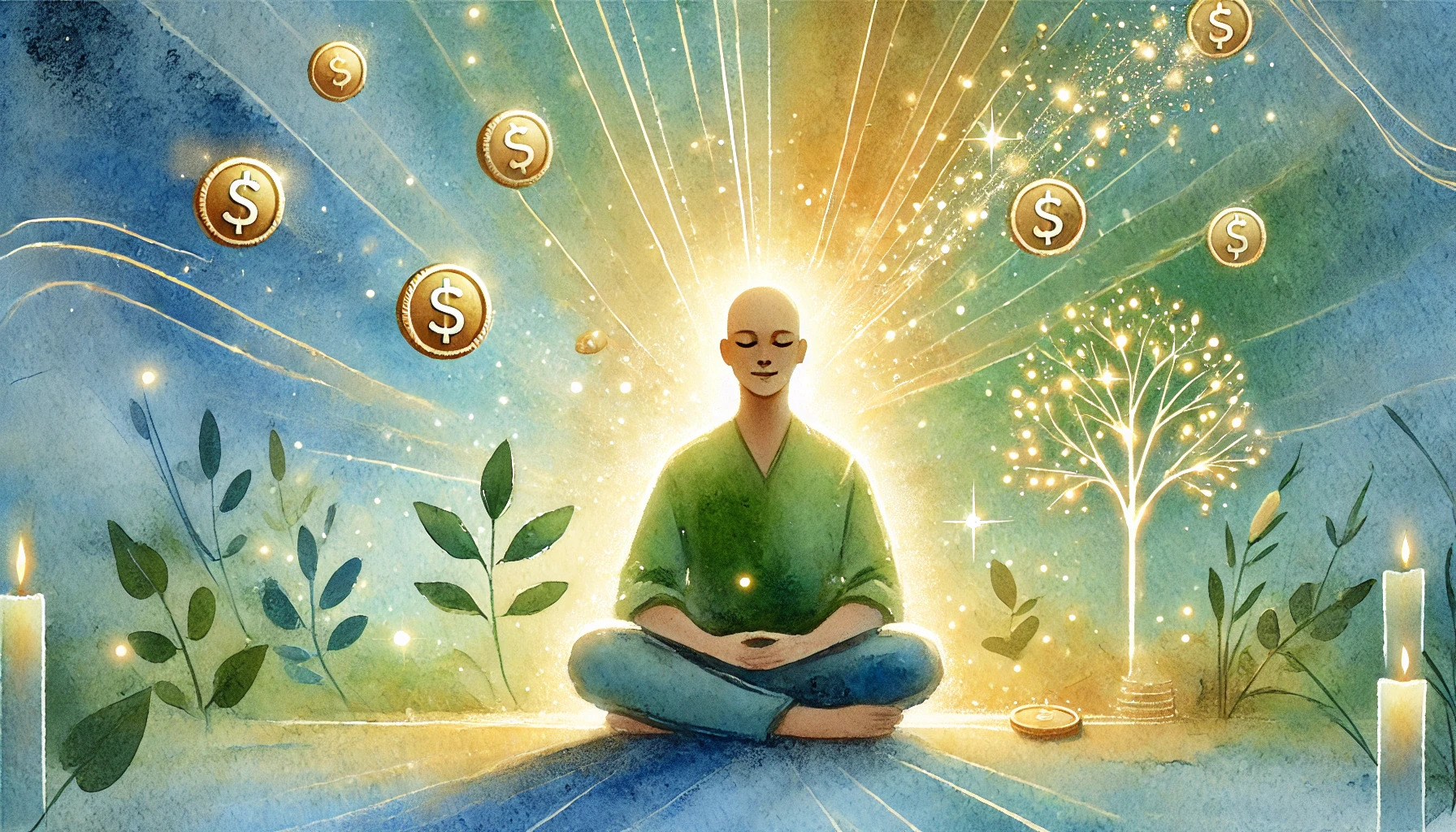 A watercolor painting of a person sitting peacefully in a serene environment, radiating positive money beliefs.